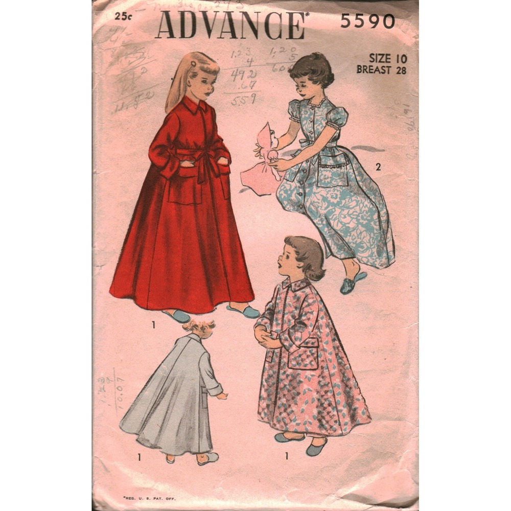 Vintage Advance 5590 Girls Robe Housecoat Sewing Pattern Size 10 Breast 28 1950s